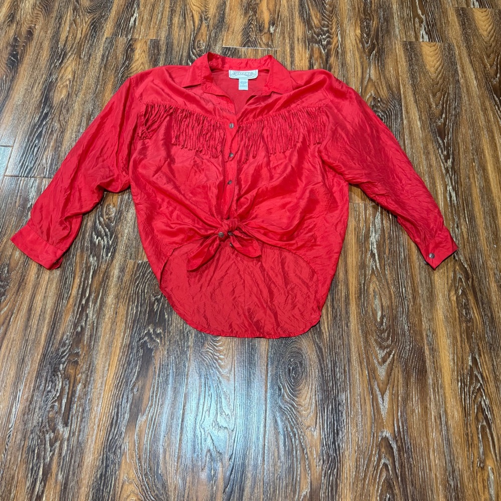 VTG Nuggets L Silk Western Shirt Womens Red Fringe Button Up Blouse Top